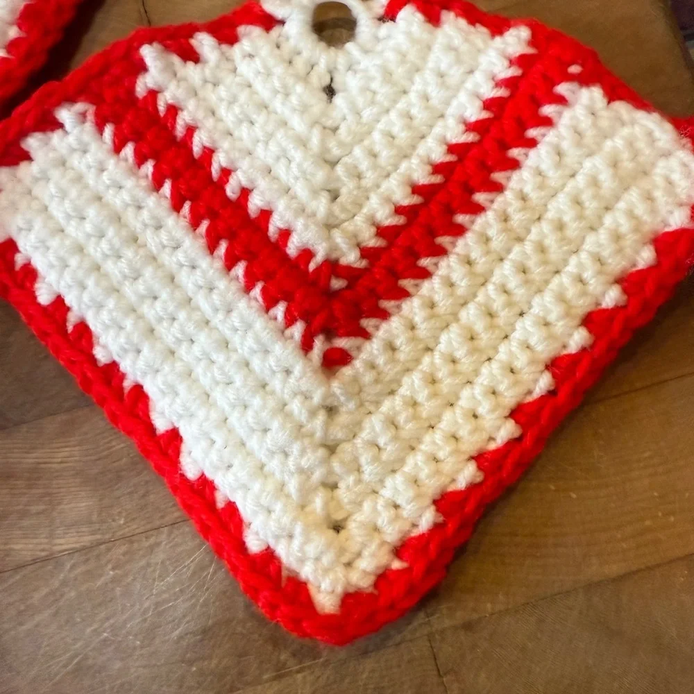 Handmade Red & White Crochet Pot Holders - Set of 3